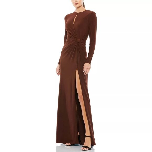 NWT Mac Duggal Long Sleeve Keyhole Draped Gown Chocolate 0 #8294 - Picture 1 of 8